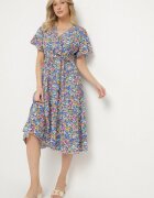 defox Rochie Cloș Albastră cu Flori cu Decolteu Petrecut Plisată Lanasira