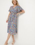 defox Rochie Cloș Albastră cu Flori cu Decolteu Petrecut Plisată Lanasira