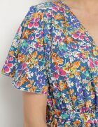 defox Rochie Cloș Albastră cu Flori cu Decolteu Petrecut Plisată Lanasira