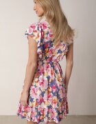 defox Rochie Cloș Albastru-Roz din Bumbac cu Imprimeu Floral cu Elastic în Talie cu Volane Nelsara