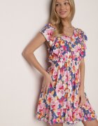 defox Rochie Cloș Albastru-Roz din Bumbac cu Imprimeu Floral cu Elastic în Talie cu Volane Nelsara
