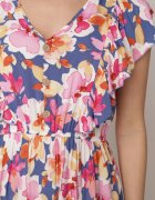 defox Rochie Cloș Albastru-Roz din Bumbac cu Imprimeu Floral cu Elastic în Talie cu Volane Nelsara