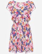 defox Rochie Cloș Albastru-Roz din Bumbac cu Imprimeu Floral cu Elastic în Talie cu Volane Nelsara
