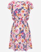defox Rochie Cloș Albastru-Roz din Bumbac cu Imprimeu Floral cu Elastic în Talie cu Volane Nelsara
