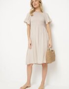 defox Rochie Cloș Bej deschis din Bumbac cu Mâneci Bufante și Bust Elastic Veliova