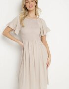 defox Rochie Cloș Bej deschis din Bumbac cu Mâneci Bufante și Bust Elastic Veliova