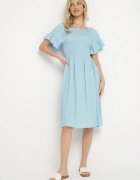 defox Rochie cloș de bumbac albastră deschisă cu mâneci bufante și top elastic Veliova
