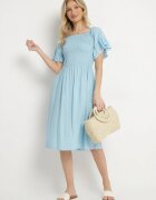 defox Rochie cloș de bumbac albastră deschisă cu mâneci bufante și top elastic Veliova