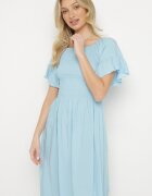 defox Rochie cloș de bumbac albastră deschisă cu mâneci bufante și top elastic Veliova