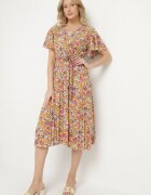 defox Rochie Cloș Galbenă cu Imprimeu floral cu Decolteu petrecut Plisată Lanasira