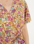 defox Rochie Cloș Galbenă cu Imprimeu floral cu Decolteu petrecut Plisată Lanasira