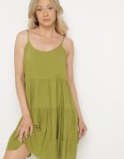 defox Rochie Cloș Verde din Bumbac cu Bretele cu Volane Lilivane