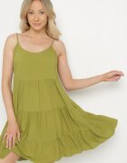 defox Rochie Cloș Verde din Bumbac cu Bretele cu Volane Lilivane