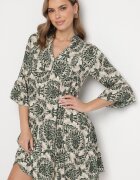 defox Rochie Cloș Verde închis din Bumbac cu Volane cu Model Ornamental Lanoreth