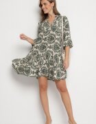 defox Rochie Cloș Verde închis din Bumbac cu Volane cu Model Ornamental Lanoreth