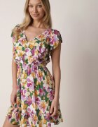 defox Rochie Cloș Verde-Roz din Bumbac cu flori cu Elastic în Talie cu Volane Nelsara