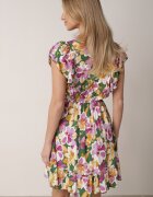 defox Rochie Cloș Verde-Roz din Bumbac cu flori cu Elastic în Talie cu Volane Nelsara