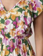 defox Rochie Cloș Verde-Roz din Bumbac cu flori cu Elastic în Talie cu Volane Nelsara
