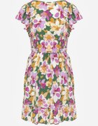 defox Rochie Cloș Verde-Roz din Bumbac cu flori cu Elastic în Talie cu Volane Nelsara