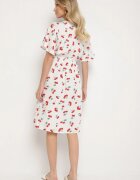 defox Rochie de Bumbac Albă cu croială evazată cu imprimeu cireșe Folelia