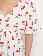 defox Rochie de Bumbac Albă cu croială evazată cu imprimeu cireșe Folelia