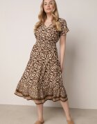 defox Rochie de bumbac maro cu decolteu în V cu nasturi cu talie elastică Kelea