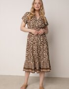 defox Rochie de bumbac maro cu decolteu în V cu nasturi cu talie elastică Kelea