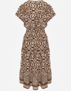 defox Rochie de bumbac maro cu decolteu în V cu nasturi cu talie elastică Kelea