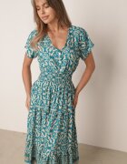 defox Rochie de bumbac mentă cu decolteu în V închisă cu nasturi cu elastic în talie Kelea