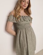defox Rochie de bumbac verde închis cu decolteu spaniol și bust încrețit floral Samorea