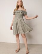 defox Rochie de bumbac verde închis cu decolteu spaniol și bust încrețit floral Samorea