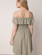 defox Rochie de bumbac verde închis cu decolteu spaniol și bust încrețit floral Samorea