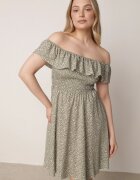 defox Rochie de bumbac verde închis cu decolteu spaniol și bust încrețit floral Samorea