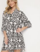 defox Rochie Din Bumbac Alb-Negru Cloș cu Nasturi Janisse