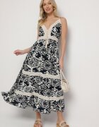 defox Rochie din bumbac bleumarin evazată cu model etnic și dantelă Taliosha