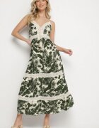 defox Rochie din bumbac Cloș Bej deschis cu dantelă cu imprimeu tropical Alusela