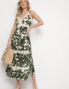 defox Rochie din bumbac Cloș Bej deschis cu dantelă cu imprimeu tropical Alusela