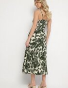 defox Rochie din bumbac Cloș Bej deschis cu dantelă cu imprimeu tropical Alusela