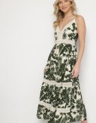 defox Rochie din bumbac Cloș Bej deschis cu dantelă cu imprimeu tropical Alusela
