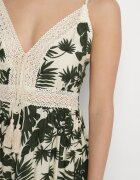 defox Rochie din bumbac Cloș Bej deschis cu dantelă cu imprimeu tropical Alusela