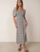 defox Rochie din bumbac tip bardot cu model vegetal și parte superioară încrețită Mothesa Neagră
