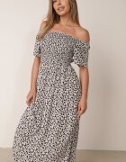 defox Rochie din bumbac tip bardot cu model vegetal și parte superioară încrețită Mothesa Neagră