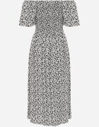 defox Rochie din bumbac tip bardot cu model vegetal și parte superioară încrețită Mothesa Neagră