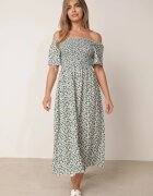 defox Rochie din bumbac tip bardot cu model vegetal și parte superioară încrețită Mothesa Verde