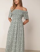defox Rochie din bumbac tip bardot cu model vegetal și parte superioară încrețită Mothesa Verde