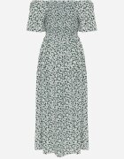 defox Rochie din bumbac tip bardot cu model vegetal și parte superioară încrețită Mothesa Verde