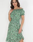 defox Rochie din bumbac Verde tip spaniolă cu flori cu elastic încrețit în talie Rosaliya