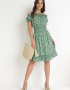defox Rochie din bumbac Verde tip spaniolă cu flori cu elastic încrețit în talie Rosaliya