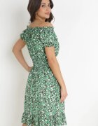 defox Rochie din bumbac Verde tip spaniolă cu flori cu elastic încrețit în talie Rosaliya