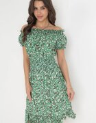 defox Rochie din bumbac Verde tip spaniolă cu flori cu elastic încrețit în talie Rosaliya